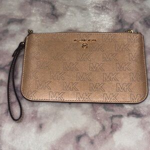 Michael Kors Metallic Rose Gold MK Wristlet Clutch